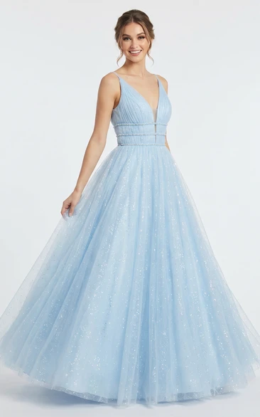 Sky Blue Glitter Tulle Ball Gown A-Line Prom Dress with V Neck Beaded Waist