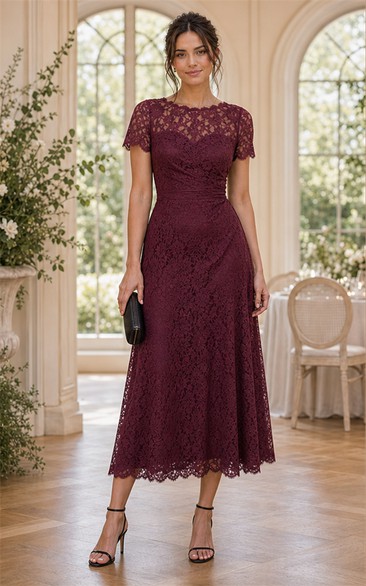 Burgundy Lace A-Line Short Sleeve Tea-Length Mother Dress