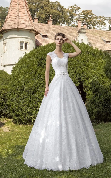 A-line V-neck Keyhole Back Lace First Communion Dress With Crystal Detailing