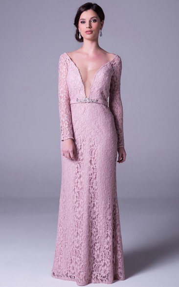 Sheath Jeweled Scoop Neck Long Sleeve Lace Prom Dress With Deep-V Back