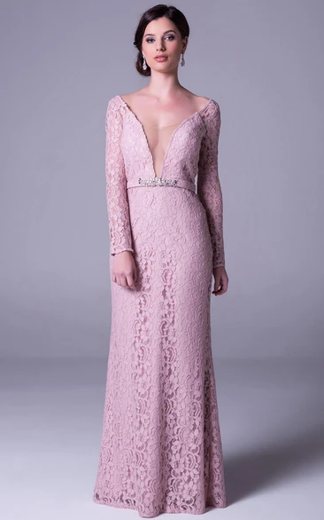 Sheath Jeweled Scoop Neck Long Sleeve Lace Prom Dress With Deep-V Back