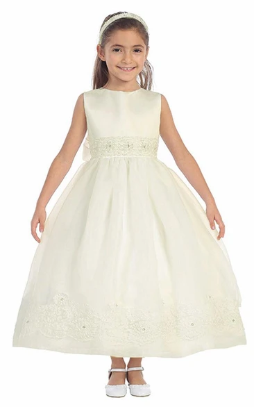 Ankle-Length Beaded Floral Lace&Organza Flower Girl Dress With Sash