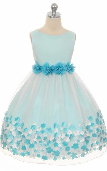 Tea-Length Tiered Chiffon&Satin Flower Girl Dress