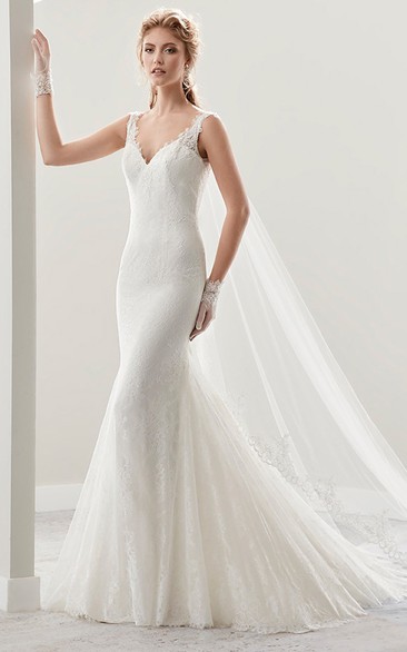 V-neck Cap sleeve Sheath Wedding Gown with Open Back and Illusive Lace Straps