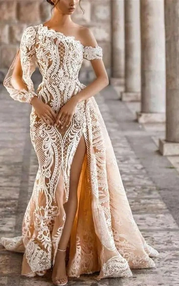 Asymmetrical One-Shoulder Lace Wedding Dress with High Slit