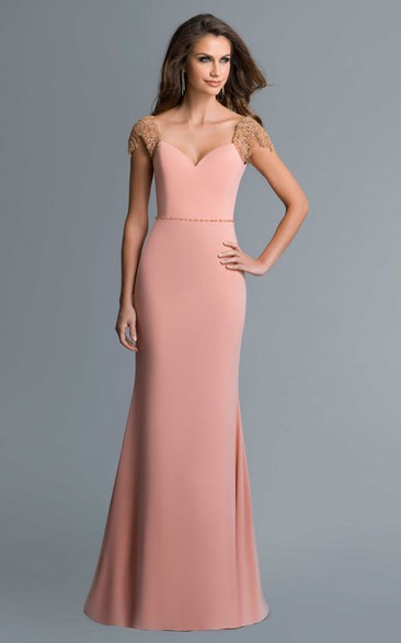 Sheath Maxi Cap-Sleeve Jersey Deep-V Back Dress