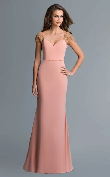 Sheath Maxi Cap-Sleeve Jersey Deep-V Back Dress