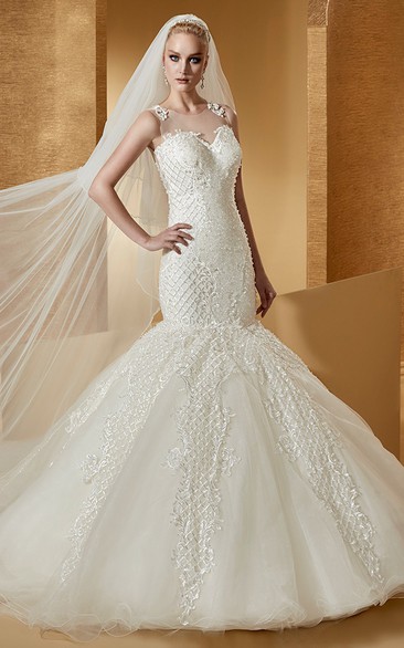 Sassy Cap sleeve Mermaid Wedding Dress with Special Appliques and Illusive Neckline 