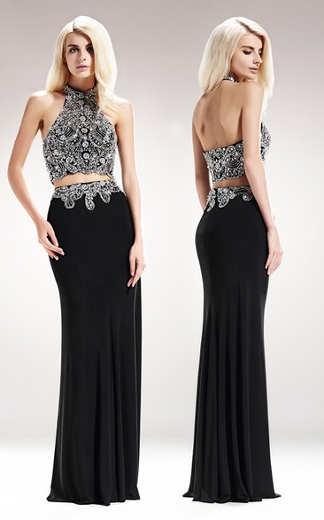 Two-Piece Sheath Maxi High Neck Sleeveless Jersey Backless Dress With Beading And Pleats
