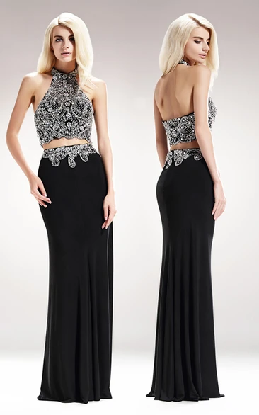 Two-Piece Sheath Maxi High Neck Sleeveless Jersey Backless Dress With Beading And Pleats