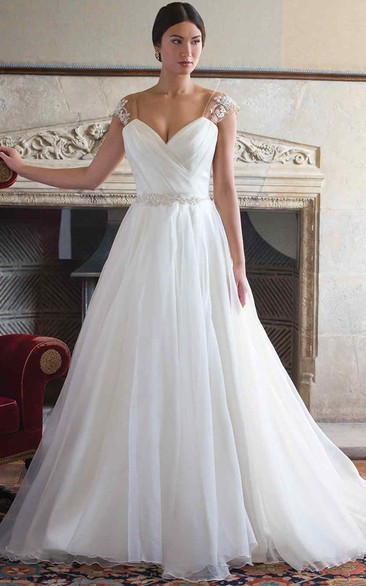 Ball Gown Floor-Length V-Neck Ruched Cap-Sleeve Wedding Dress With Appliques