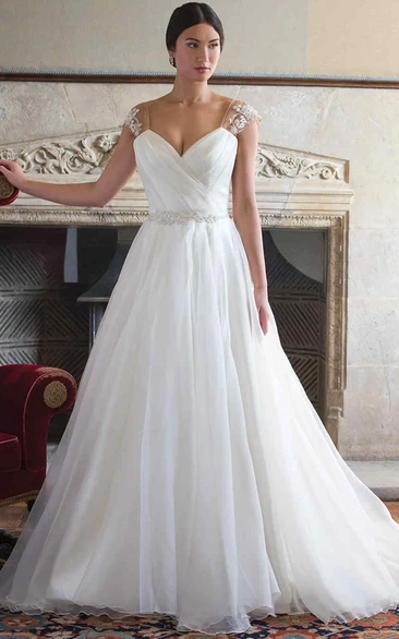 Ball Gown Floor-Length V-Neck Ruched Cap-Sleeve Wedding Dress With Appliques