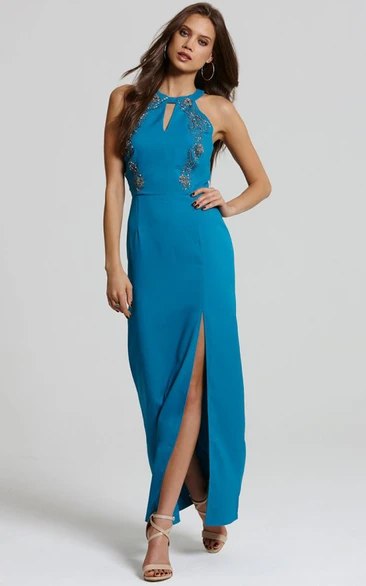 High-Neck Slit Dress With Embroidery And Keyholes