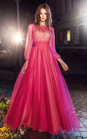 A-Line Floor-Length Bateau Long Sleeve Tulle Illusion Dress