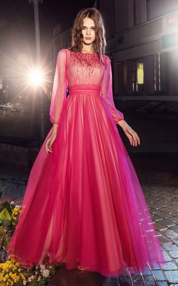 A-Line Floor-Length Bateau Long Sleeve Tulle Illusion Dress