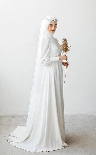 Simple High-neck Chiffon Sheath Muslim Wedding Dress