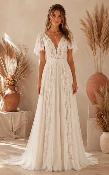 Simple A-Line Wedding Dress Short Sleeve V-Neck Lace Chiffon Floor Length Sweep Train Ivory