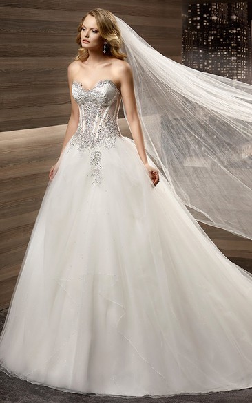 Sweetheart Brush-train A-line Wedding Dress with Beaded Corset and Tulle Skirt 