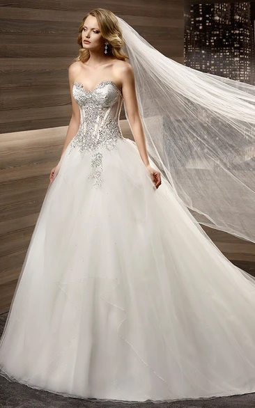 Sweetheart Brush-train A-line Wedding Dress with Beaded Corset and Tulle Skirt 