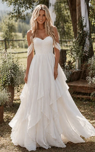 Off-the-shoulder Sweetheart Ethereal Chiffon Floor Length Boho Wedding Dress
