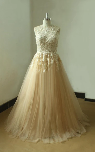 Tulle and Lace Sleeveless A-Line Dress With Pleats and High Neck