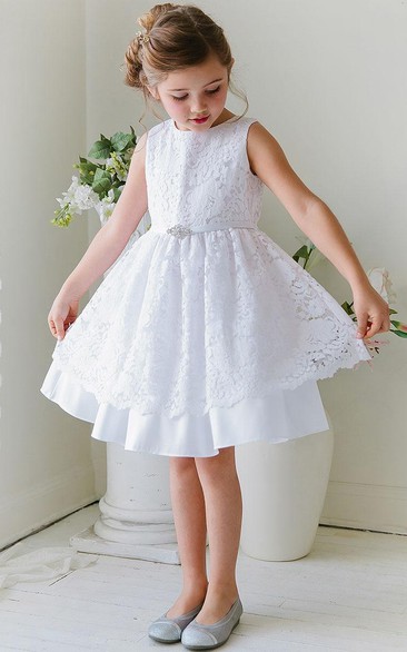 Tea-Length Floral Beaded Lace&Satin Flower Girl Dress With Sash