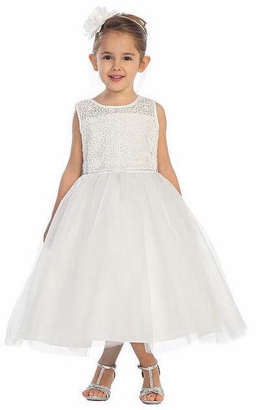 Illusion Tea-Length Beaded Bell-Sleeve Tulle&Lace Flower Girl Dress