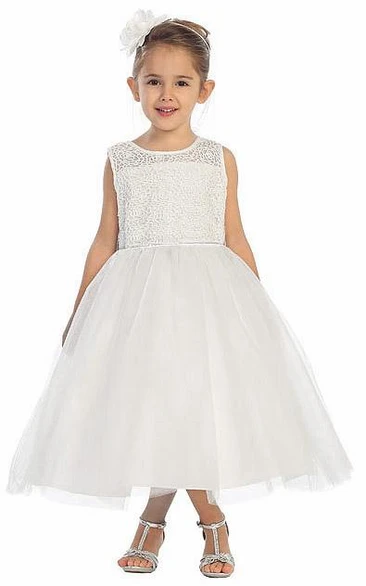 Illusion Tea-Length Beaded Bell-Sleeve Tulle&Lace Flower Girl Dress