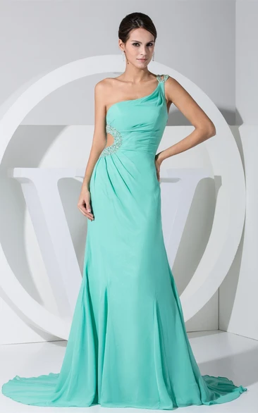 Chiffon Jeweled Ruched Single Strap and Dress With Keyhole