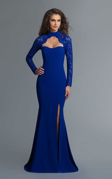 Sheath High Neck Long Sleeve Jersey Keyhole Dress With Split Front And Lace