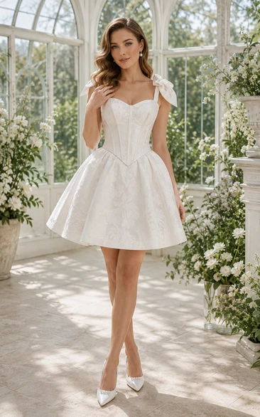 Robe de mariée courte en satin à décolleté en cœur et bretelles nouées, coupe trapèze