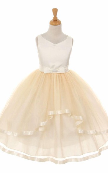 Peplum Tea-Length Bowed Tiered Tulle&Satin Flower Girl Dress With Ribbon