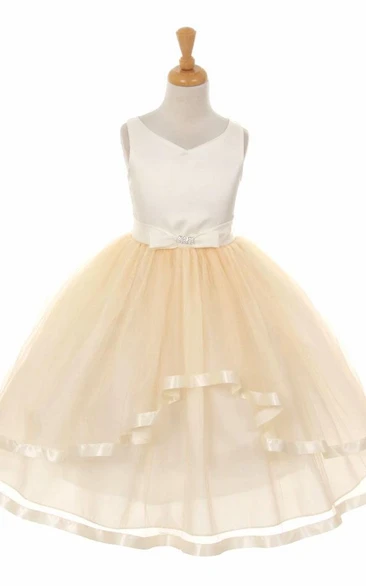 Peplum Tea-Length Bowed Tiered Tulle&Satin Flower Girl Dress With Ribbon