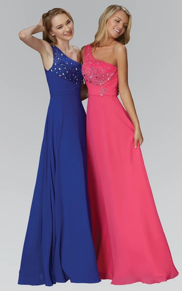 A-Line Long One-Shoulder Sleeveless Chiffon Zipper Dress With Beading