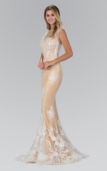 Sheath Maxi Jewel-Neck Sleeveless Tulle Illusion Dress With Appliques