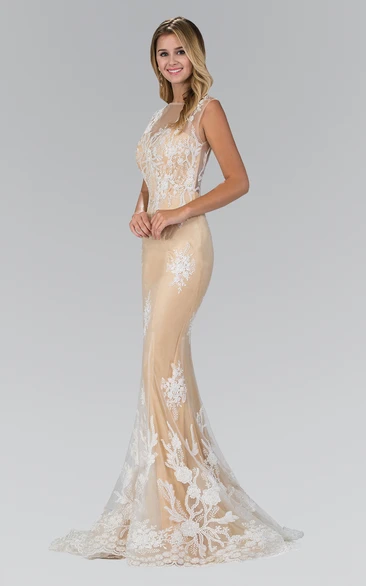 Sheath Maxi Jewel-Neck Sleeveless Tulle Illusion Dress With Appliques