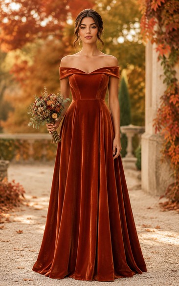 Papaya Velvet Off-the-shoulder A-Line Bridesmaid Dress