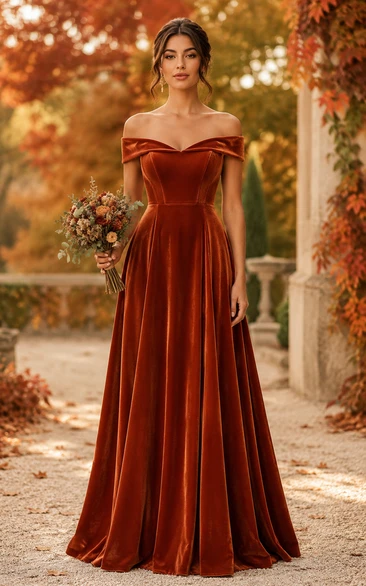 Papaya Velvet Off-the-shoulder A-Line Bridesmaid Dress