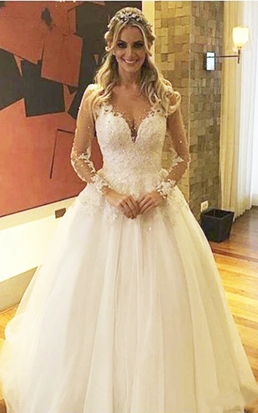 Illusion Deep V Neck Pearls Beaded Backless Sheer See Through Lace Princess Wedding Dress