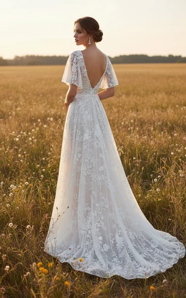 Boho Lace Wedding Dress with Low Back and Flowy Sleeves