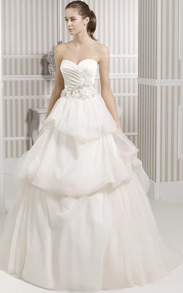 Ball Gown Long Jeweled Sweetheart Satin&Tulle Wedding Dress With Criss Cross And Pick Up