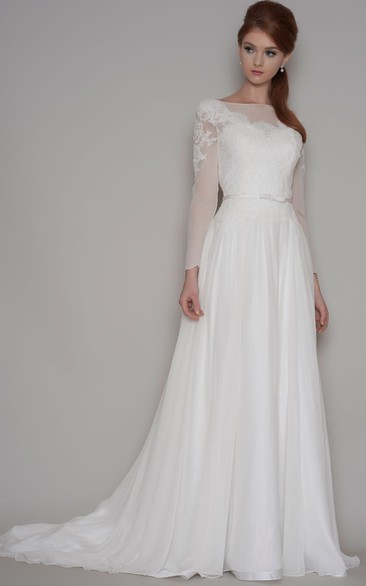 Sheath Long-Sleeve Bateau-Neck Chiffon Modest Wedding Dress With Illusion