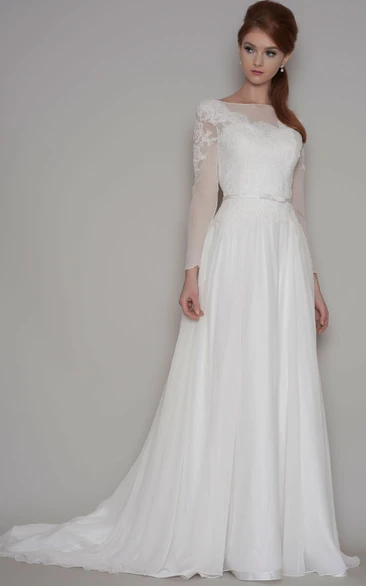 Sheath Long-Sleeve Bateau-Neck Chiffon Modest Wedding Dress With Illusion