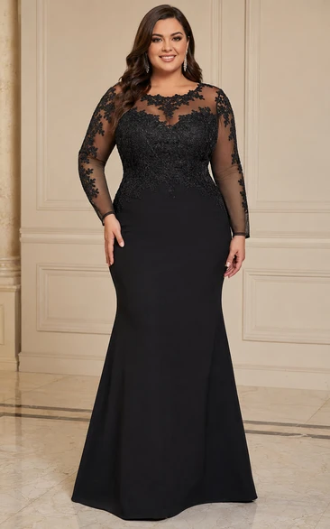 Plus Size Black Illusion Lace Long Sleeve Mermaid Evening Gown