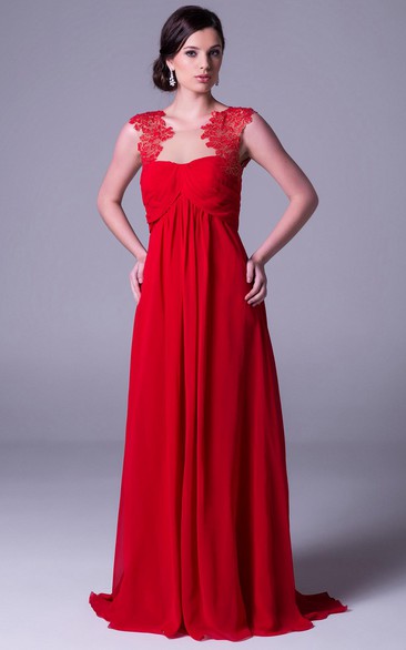Sheath Empire Floor-Length Cap-Sleeve Appliqued Chiffon Prom Dress With Ruching
