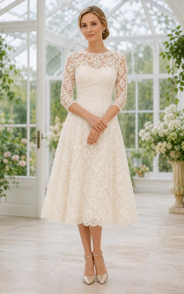 Lace Tea-Length A-Line Wedding Dress with Three Quarter Illusion Sleeves for Garden Ceremony