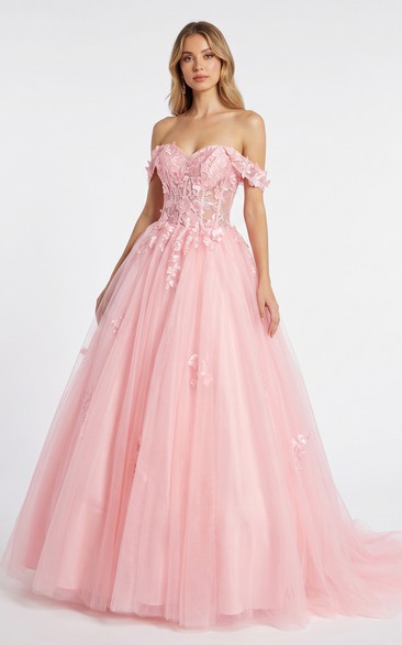 Blushing Pink Ball Gown Off Shoulder Tulle Prom Dress with Lace Appliques