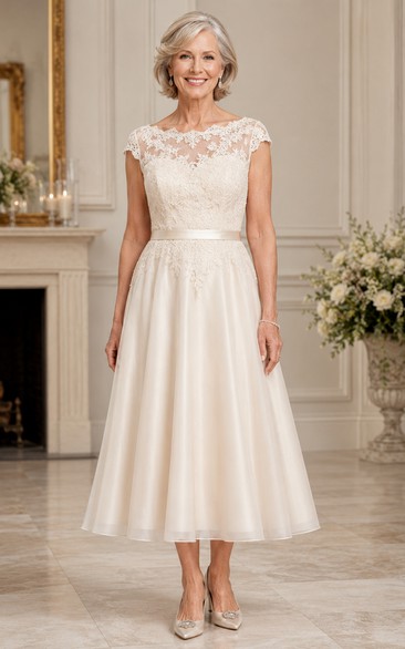 Tea Length Satin Older Brides Wedding Dress with Lace Illusion Bodice
