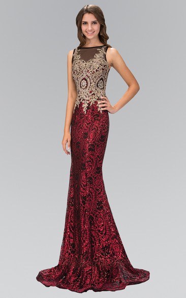 Sheath Bateau Sleeveless Sequins Illusion Dress With Beading