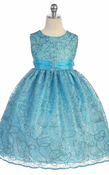 Tea-Length Broach Tiered Beaded Sequins&Organza Flower Girl Dress With Sash